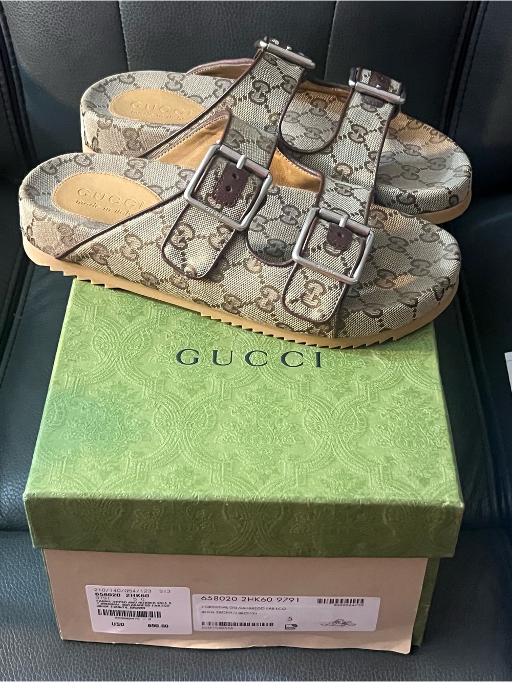 Gucci Brown Beige GG Canvas Double Buckle Slides - Picture 2 of 6